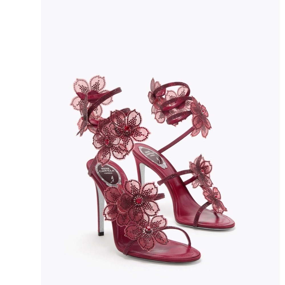 Rene Caovilla Red Floral Appliqué Stiletto Sandals